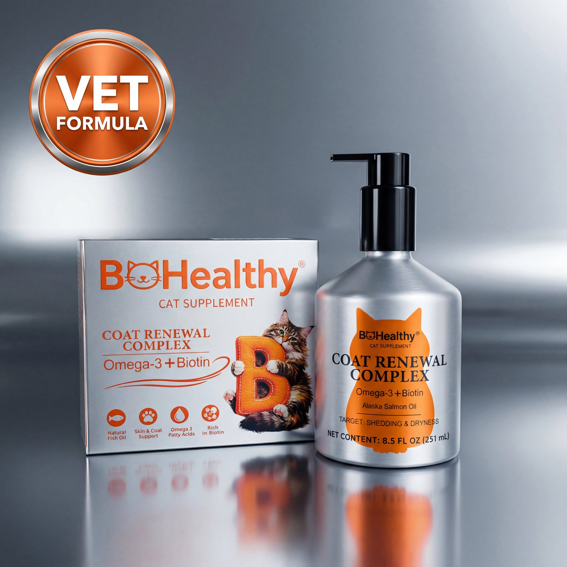 BoHealthy Alaskan Salmon Oil for Cats | Omega-3 + Biotin Supplement to Reduce Shedding, Dryness & Hairball Risk (Vet Recommended)